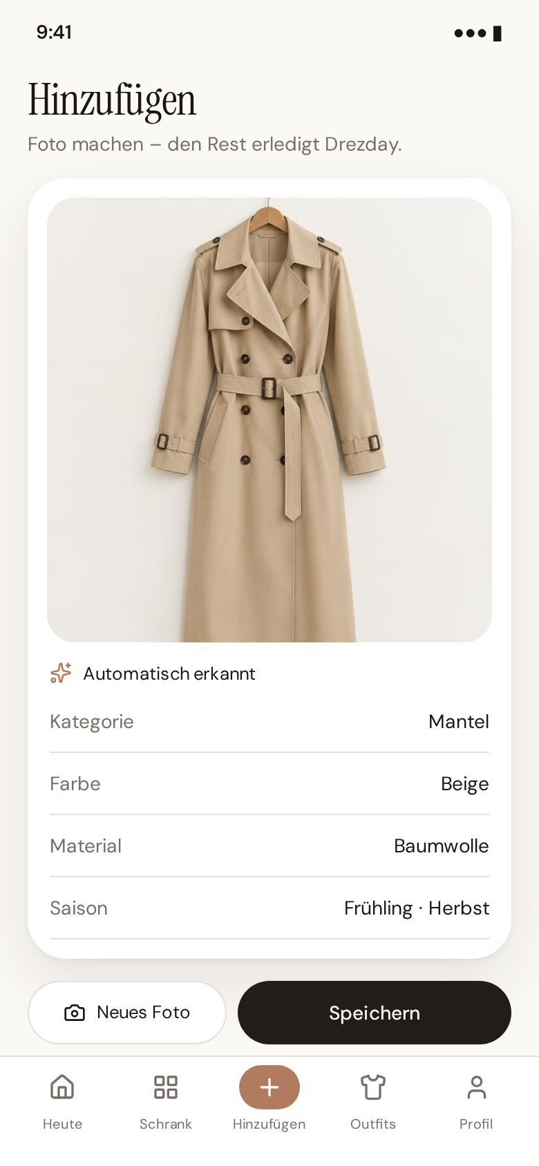 Drezday App: Kleidungsstück hinzufügen, Kategorie und Farbe werden automatisch erkannt