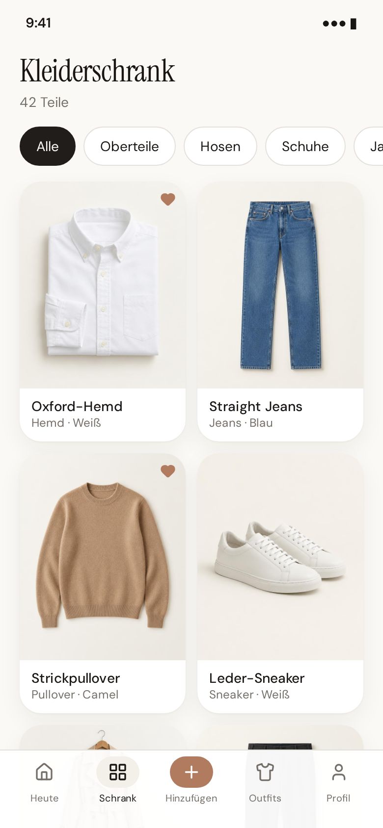 Drezday App: Kleiderschrank mit Kategorien und Kleidungsstücken