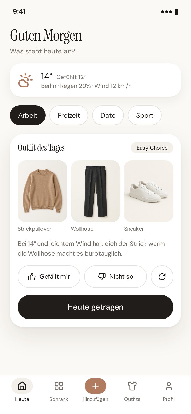 Drezday App: Startbildschirm „Guten Morgen“ mit Wetterkarte und Outfit des Tages